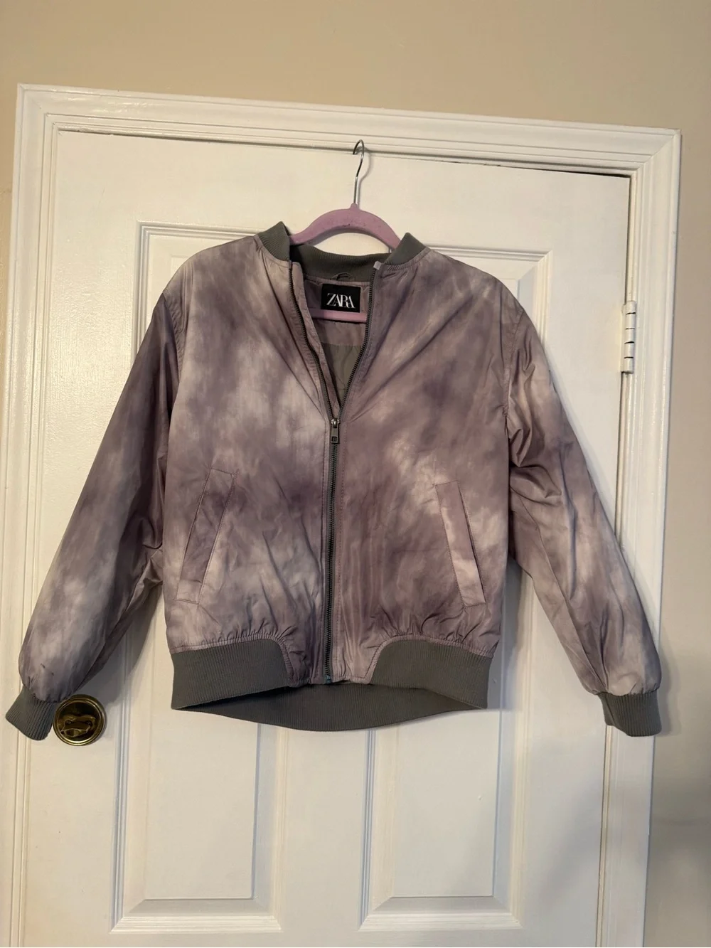ZARA Light Gray Bomber Jacket with Gray Ribbed Collar